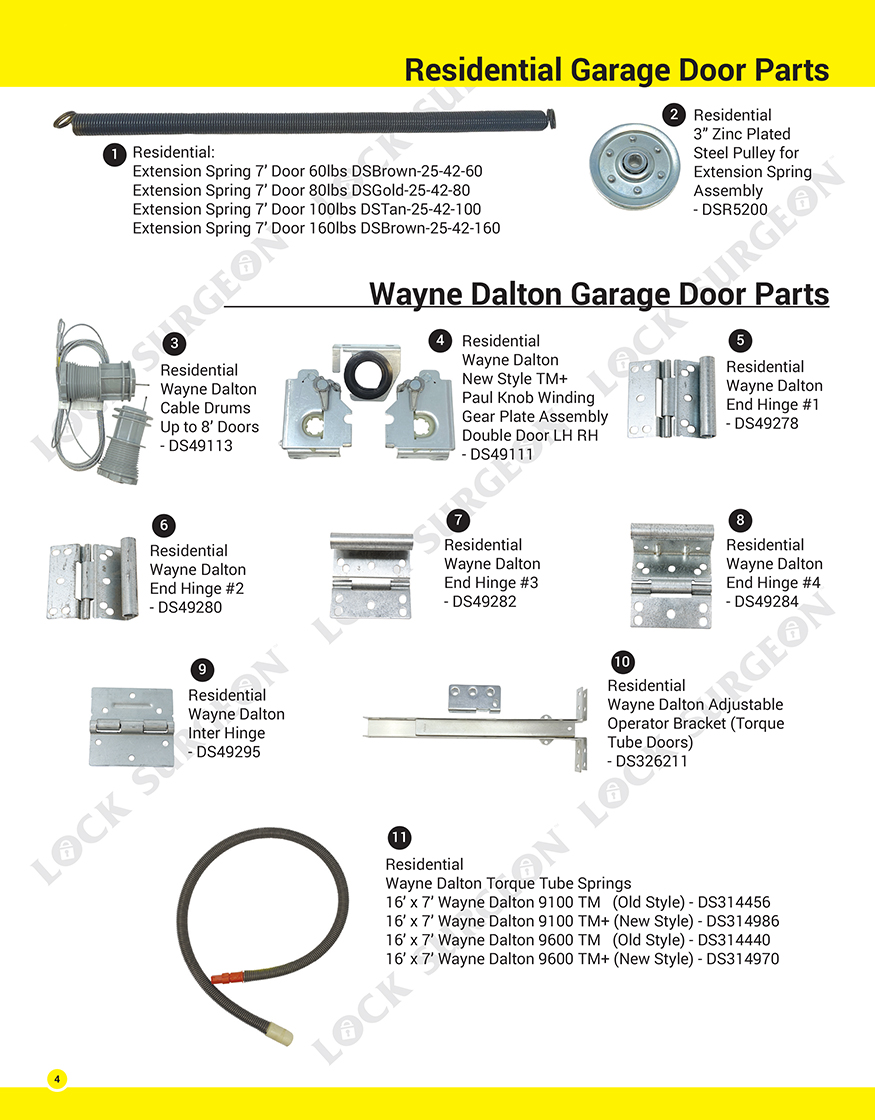 Lock Surgeon replacement parts for residential home garage doors.