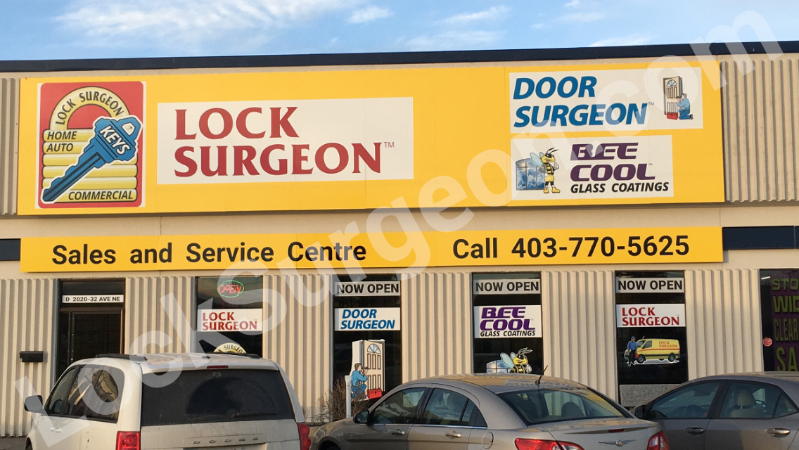 Lock Surgeon Calgary store location unitD 2020 32ave NE Locksmith shop handle and deadbolt sales.