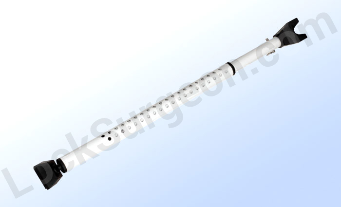 White expandable locking door bar for door security.