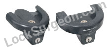 Black trailer coupler locks for various trailers.