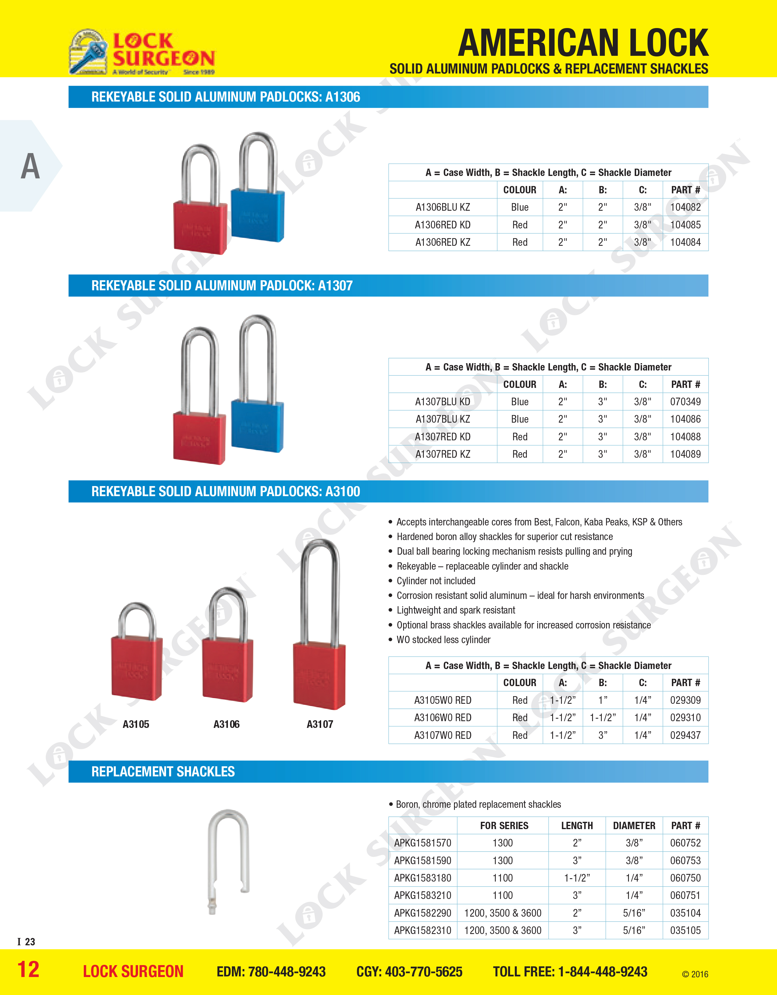 American Lock Rekeyable solid aluminium padlocks A1306, A1307, A3100 series and replacement shackles