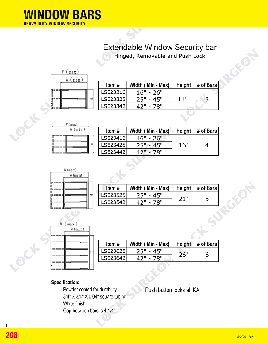 Window Bars-Window Bars-Extendable Window Security Bar-Hinged-Removable and Push Lock