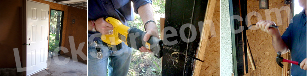 Lock Surgeon door technicians removing old door and frame to replace with new door slab and frame.