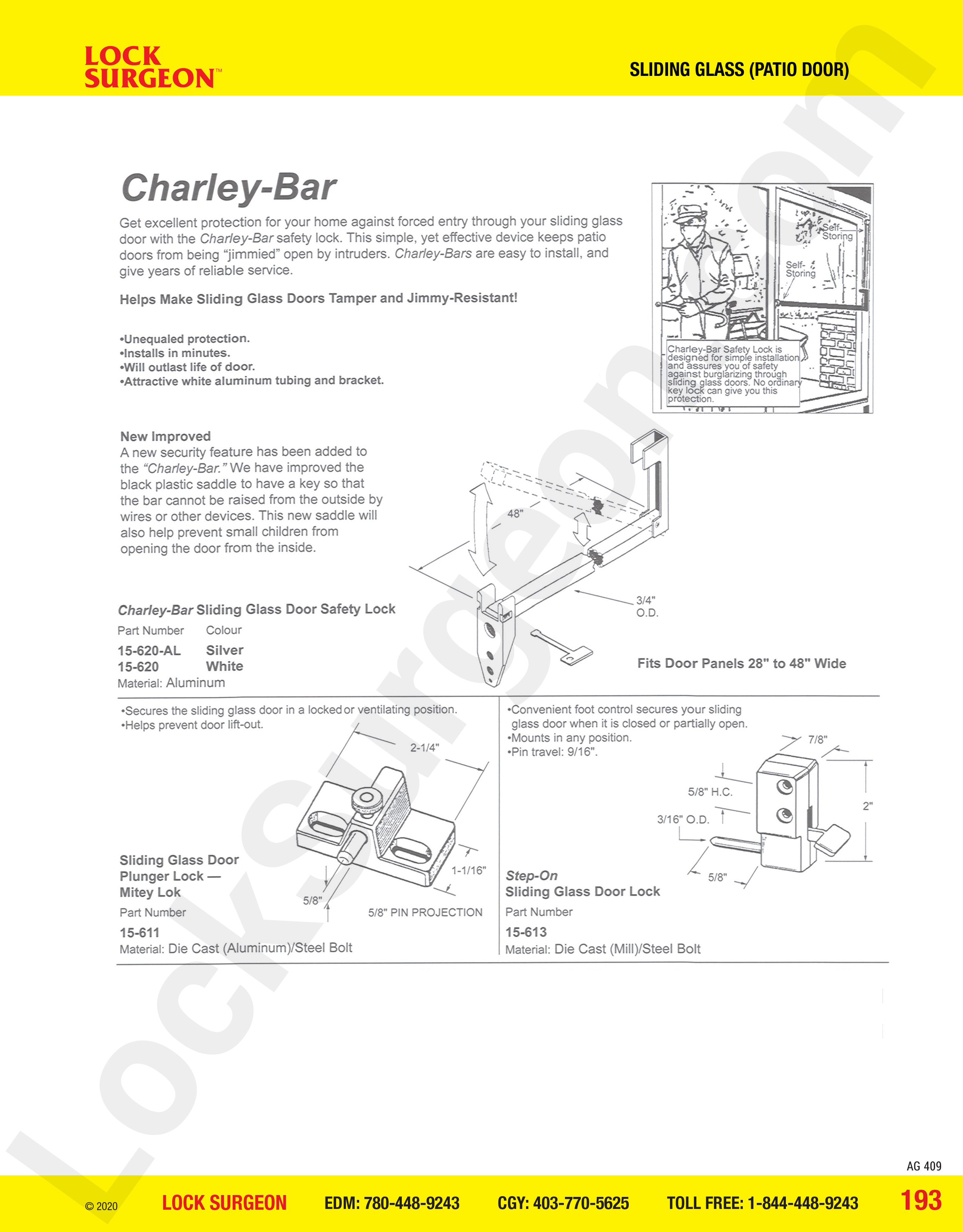 Charley-bar & Step-on sliding glass door safety locks, Mitey Lok sliding glass door plunger lock
