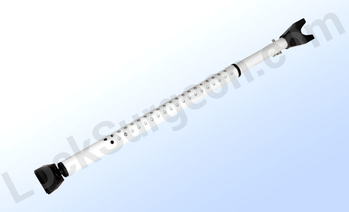 White expandable locking bar for patio doors.