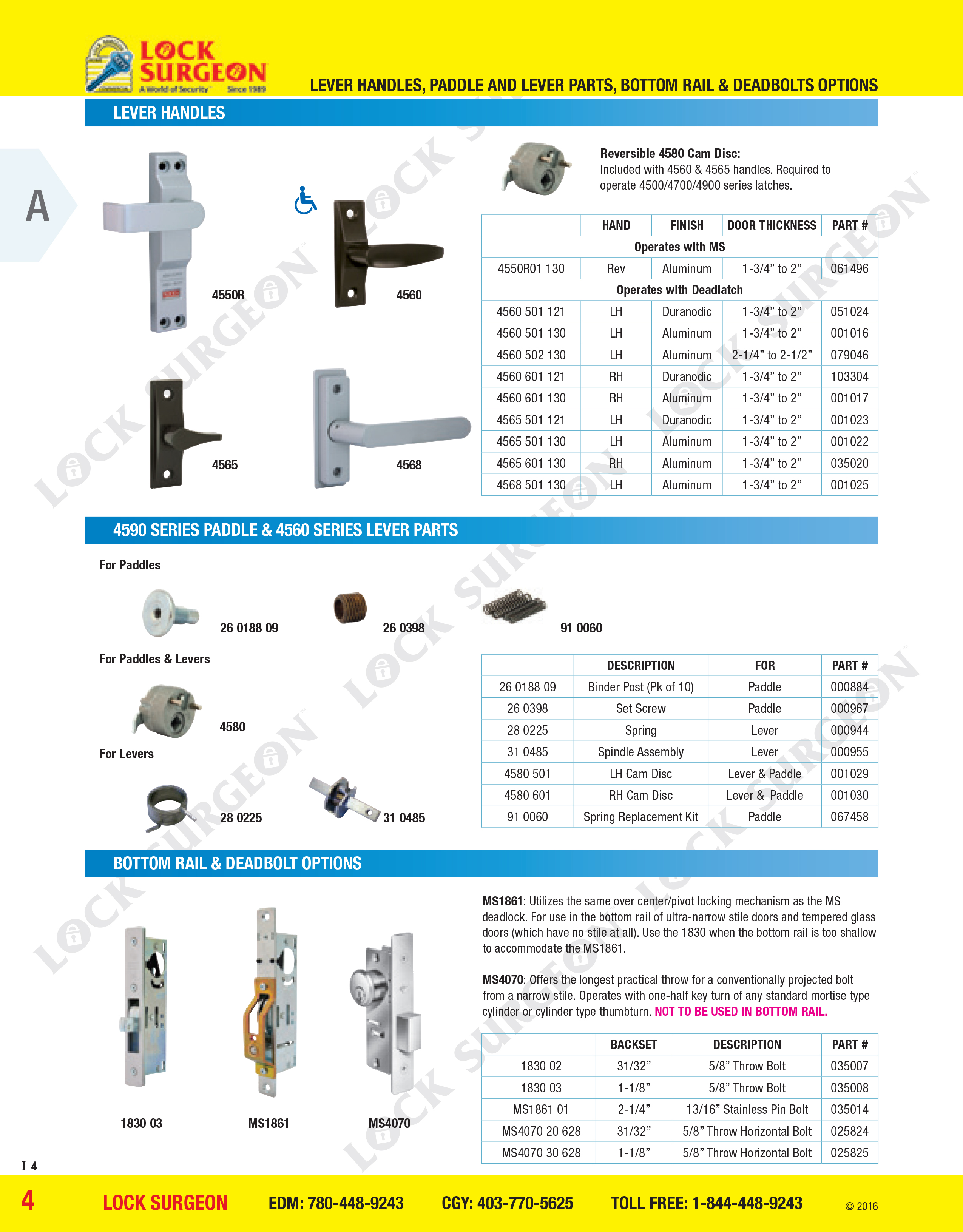 Lever handles, 4590 Series paddle and 4560 Series lever parts, bottom rail and deadbolt options