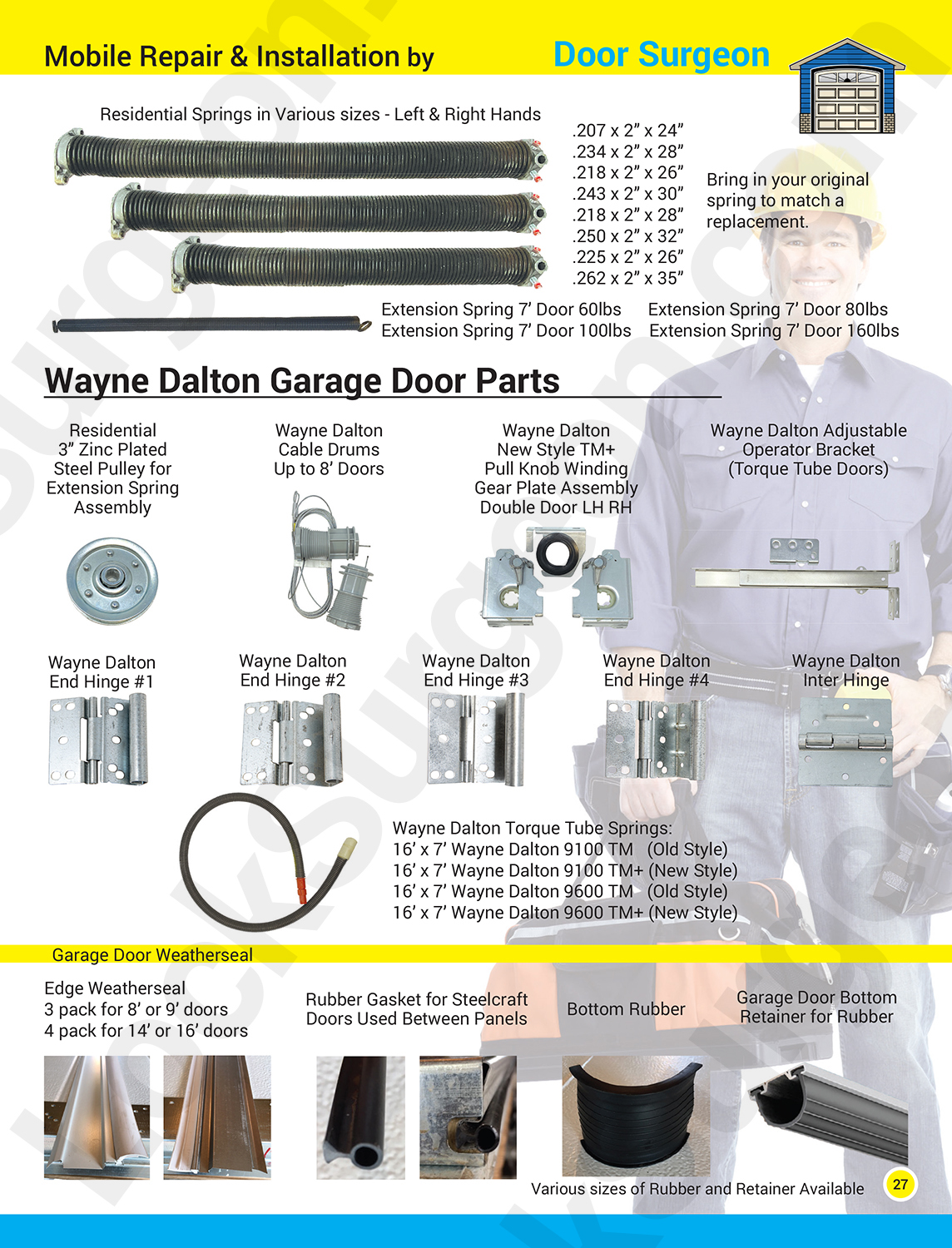 Replacement parts for Wayne Dalton garage doors spring drums gear plates pulleys hinges torque tubes