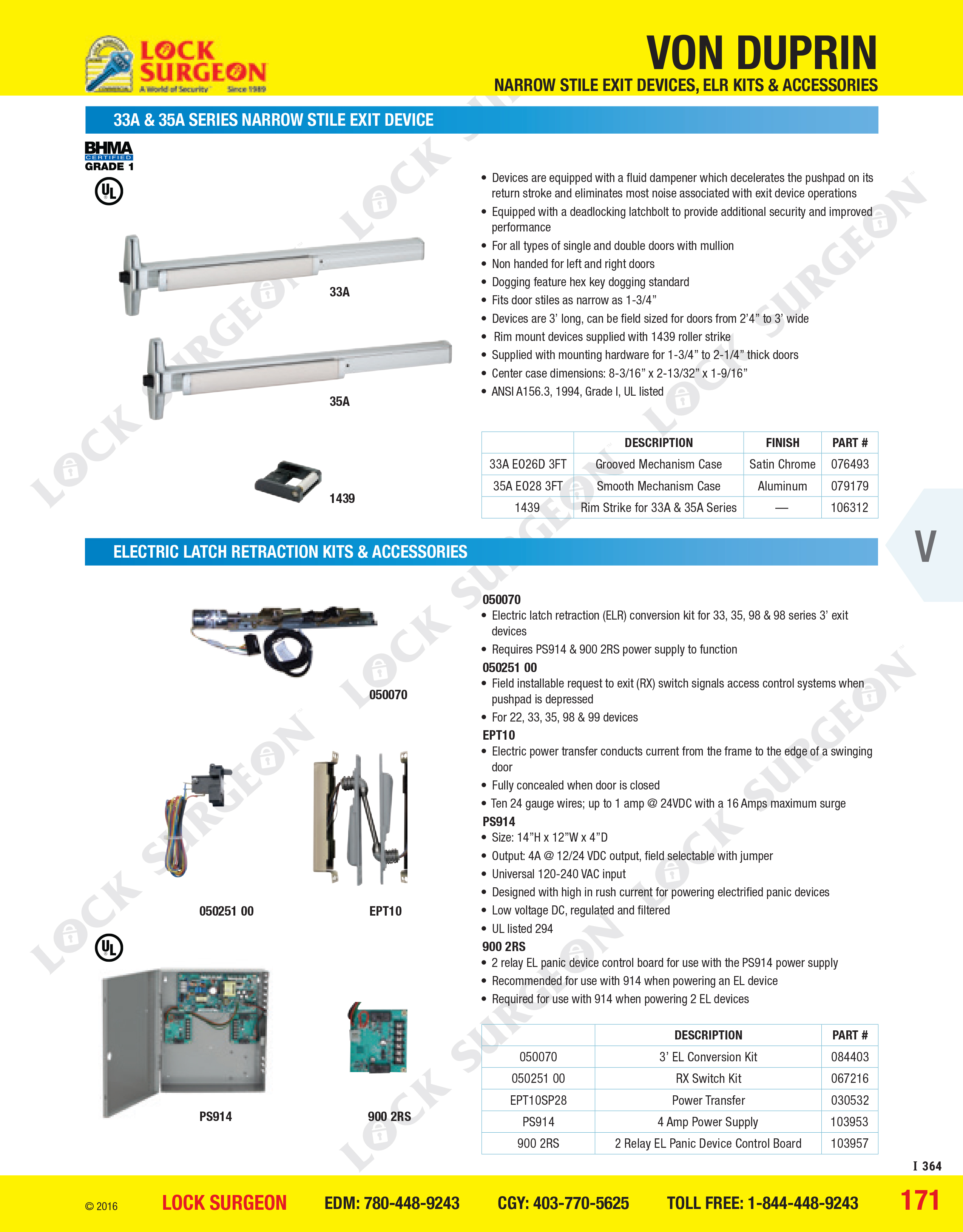 Von Duprin narrow stile exit device electronic latch retraction kits and accessories.