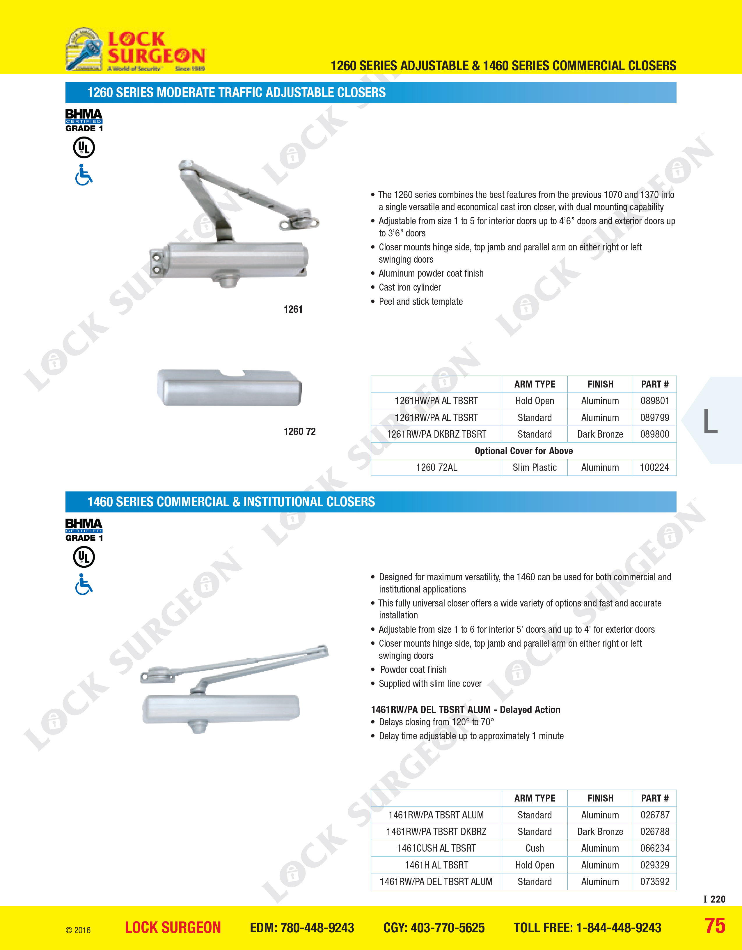 1260 Series moderate traffic adjustable closers and 1460 series commercial and institutional closers