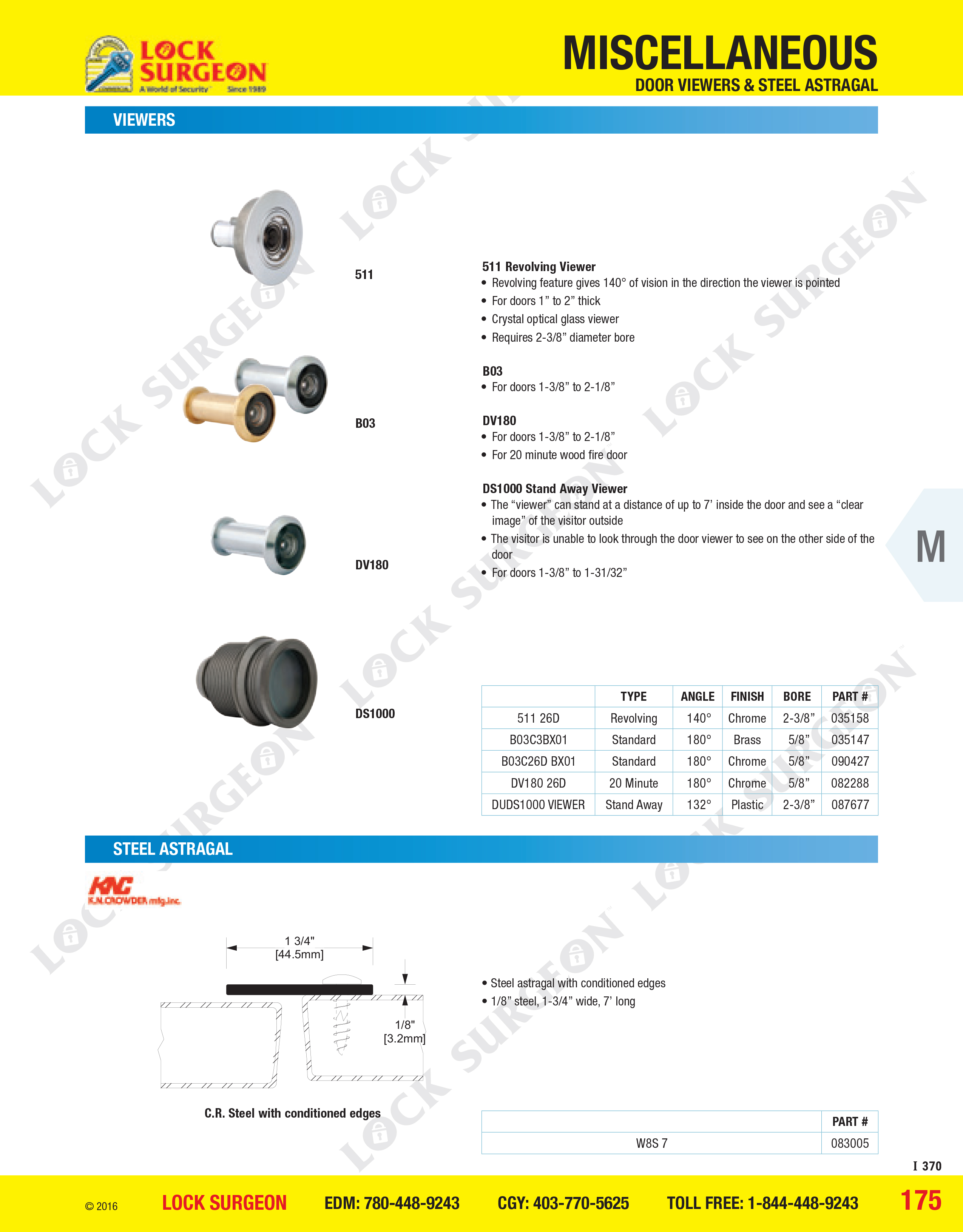 Door viewers and peepholes standard, fire-rated, angle-view and stand-away versions.