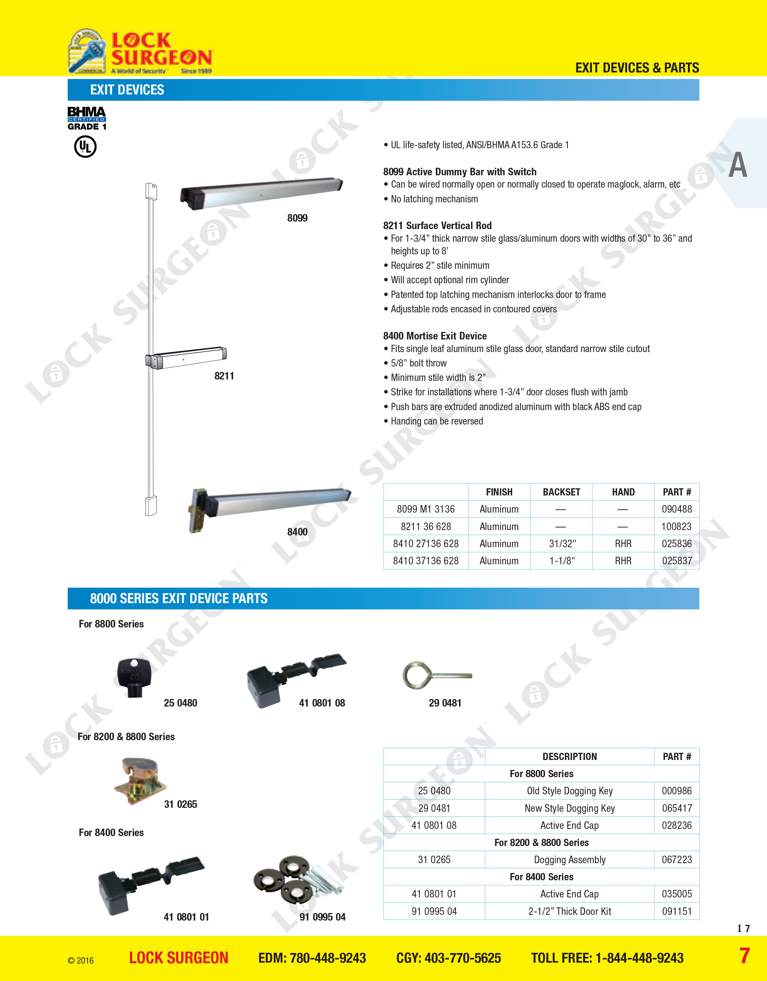 Exit devices and 8000 Series exit device parts