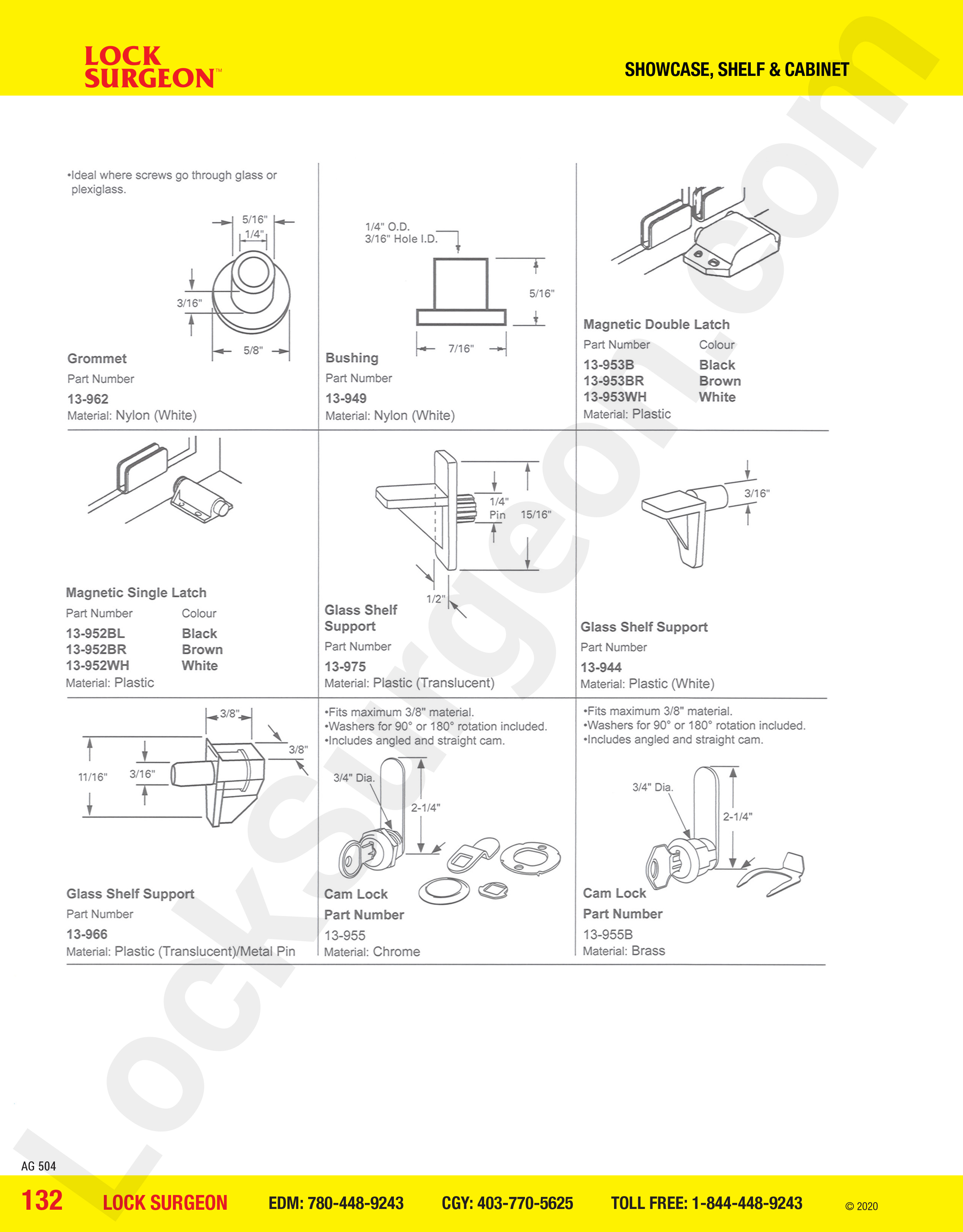 Showcase shelves and cabinet grommets, bushings, latches, supports and cam locks