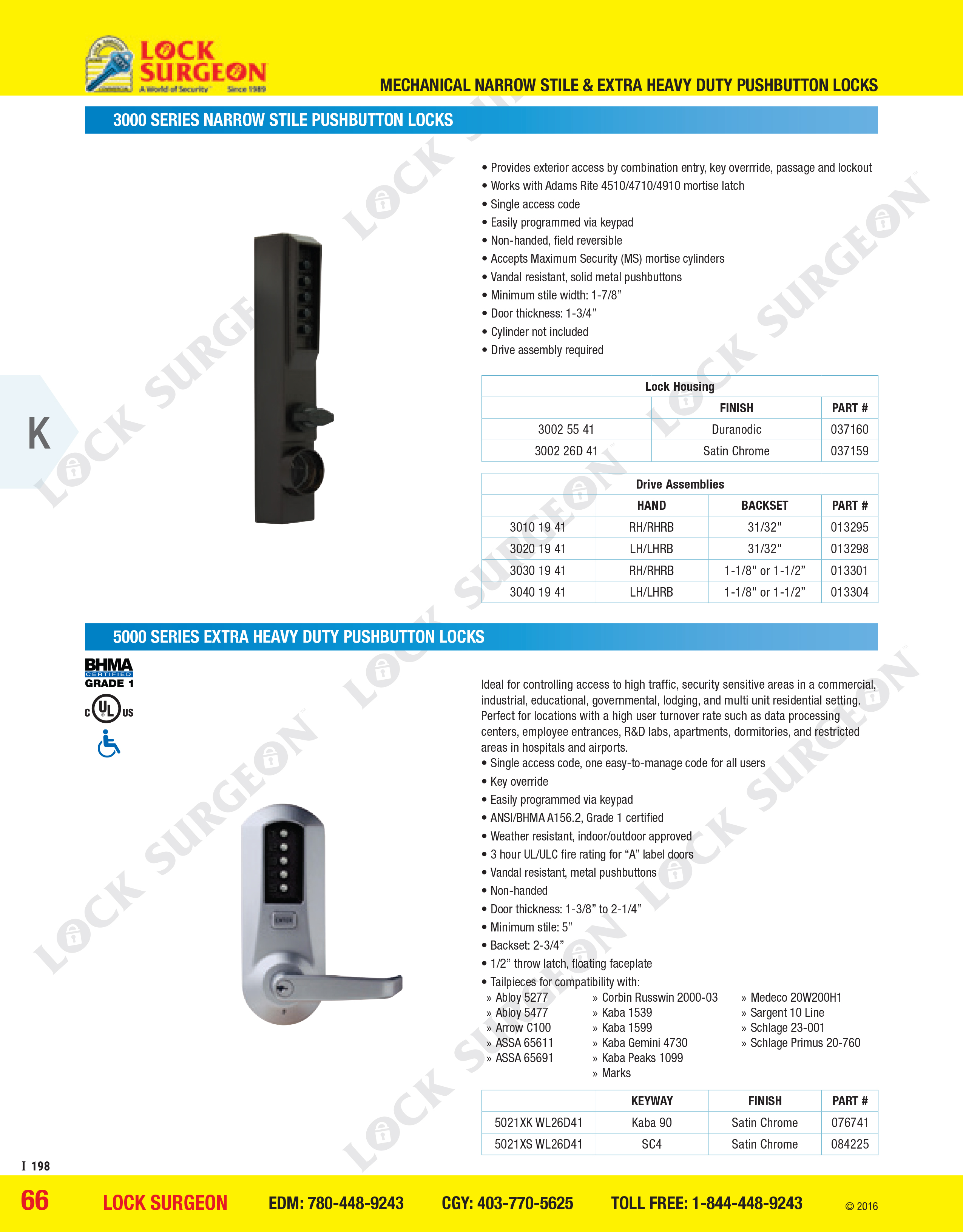 Kaba 3000-series narrow stile push-button locks & 3000 series extra heavy duty push-button lock.