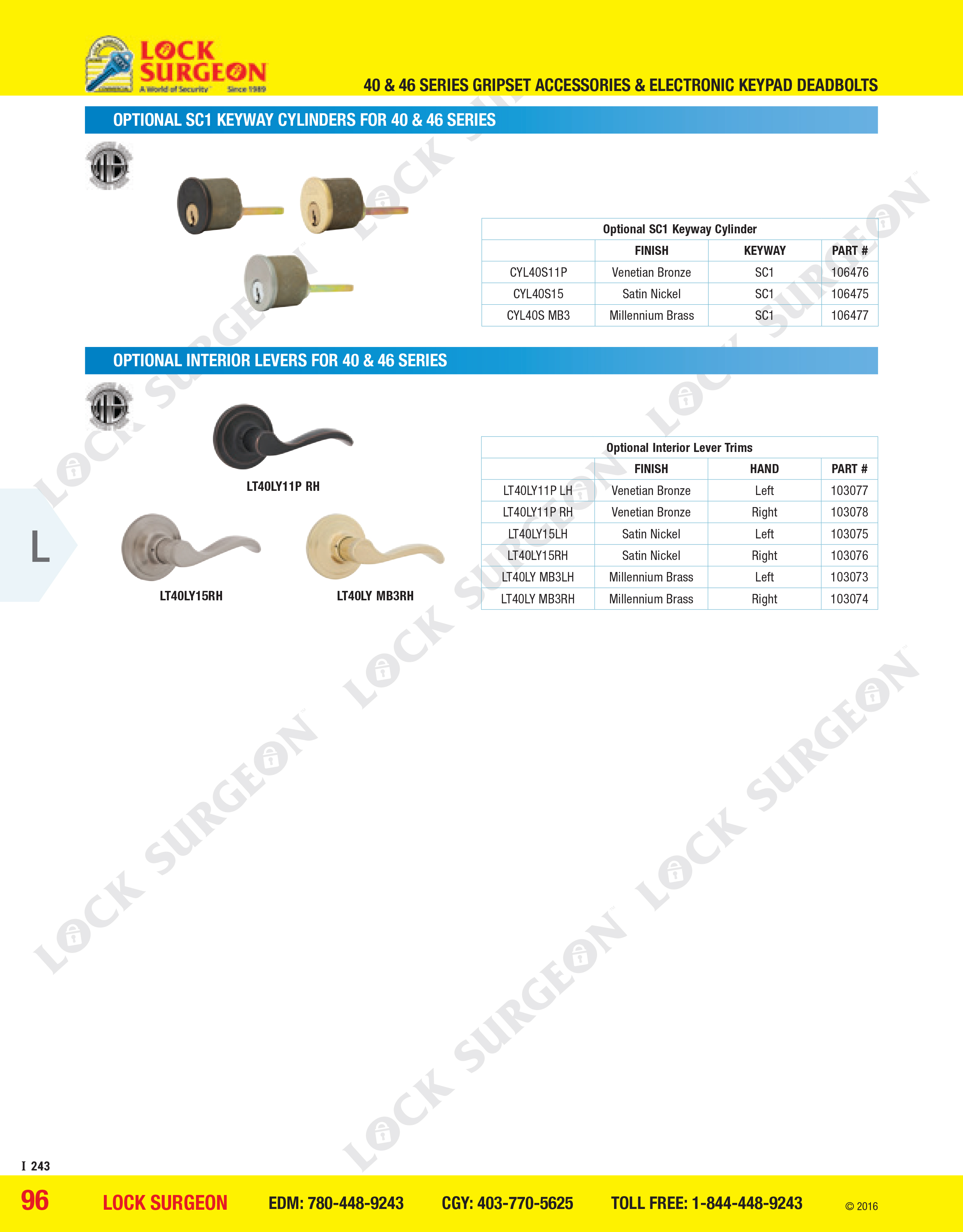 Alternate locking cylinders and lever handles for interior of grip-sets sold by Lock Surgeon.