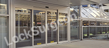 Automatic sliding glass doors on a commercial building.