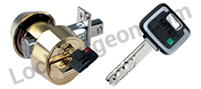 High security brass deadlatch and security key.