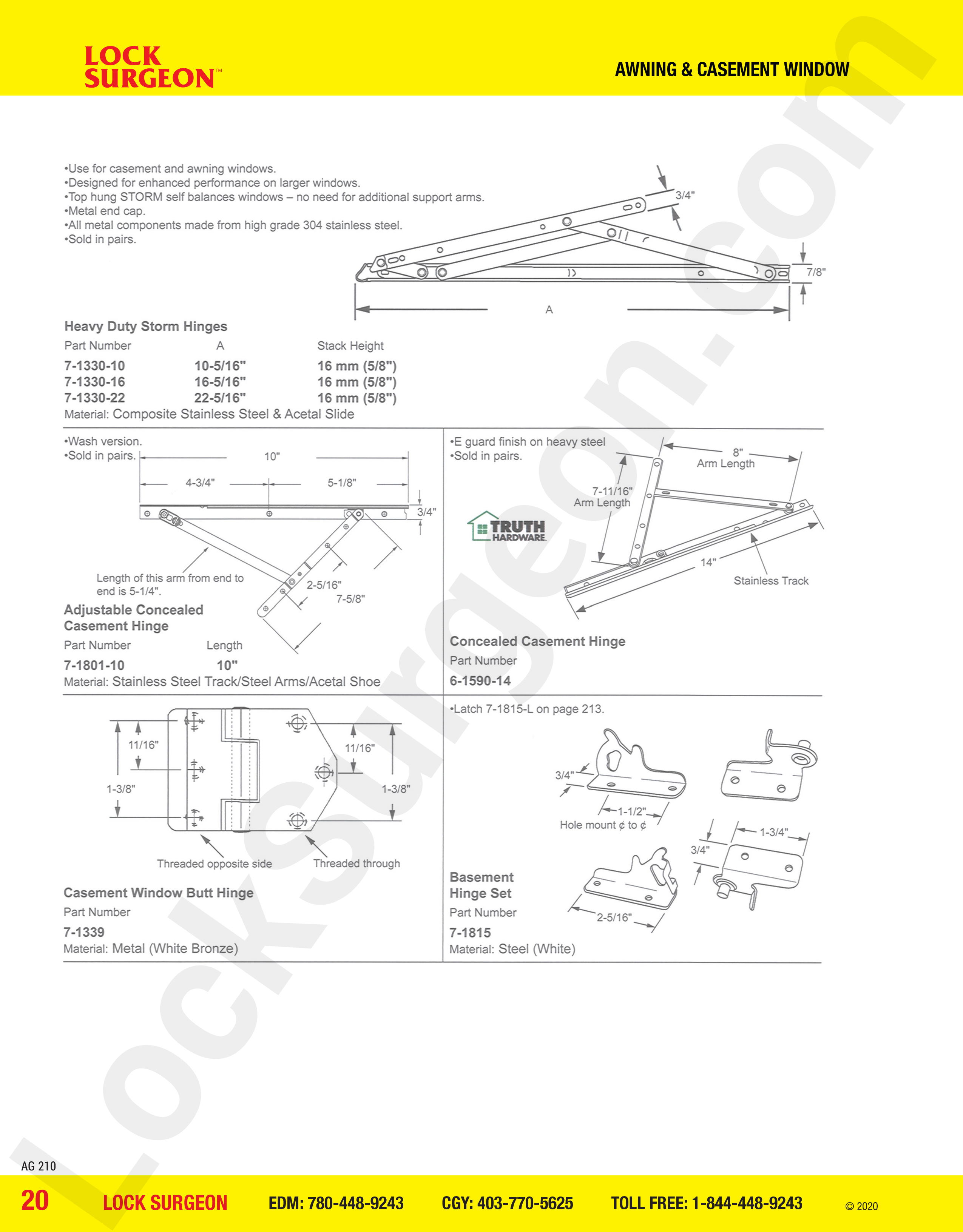 Stony Plain awning and casement window parts for storm hinges.