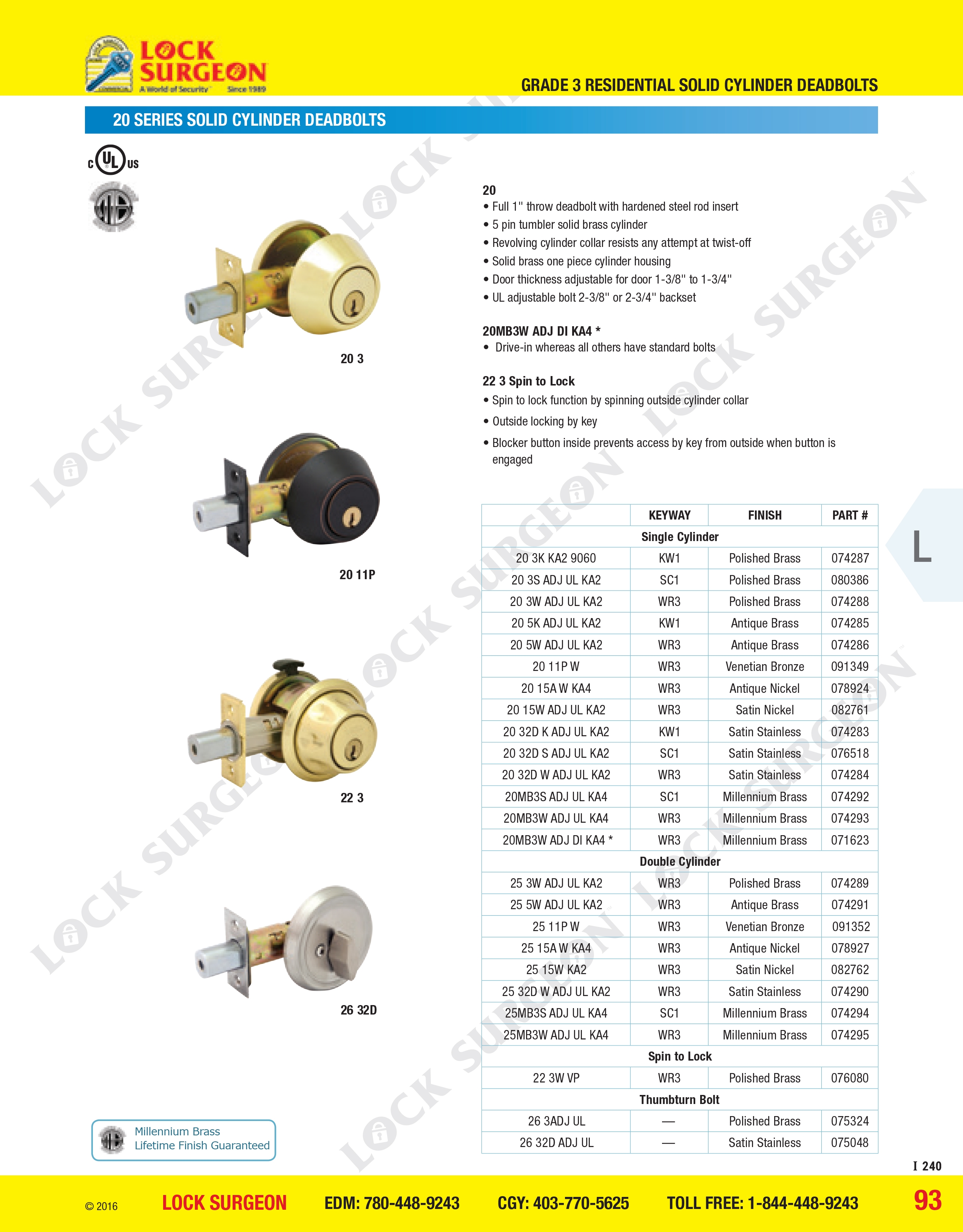 top of grade deadbolts come in silver, brass, nickle, stainless steel and venetian bronze colours, single-sided cylindar or double-sided cylindar