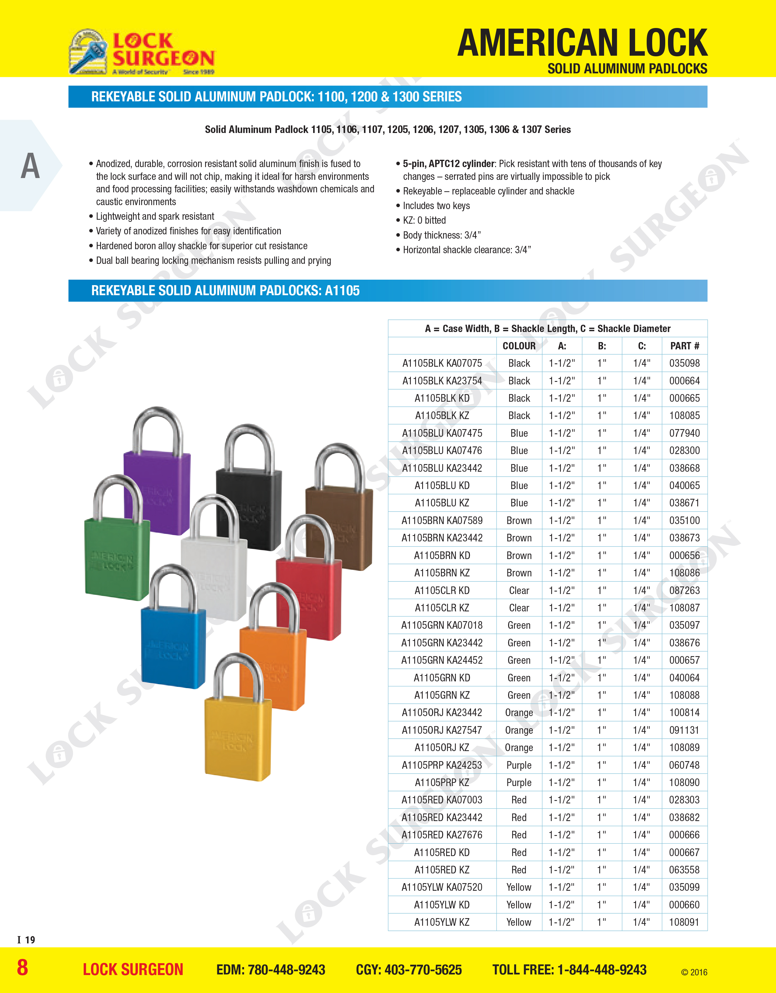 Rekeyable solid aluminium padlocks - 1100, 1200, 1300 and A1105 series.