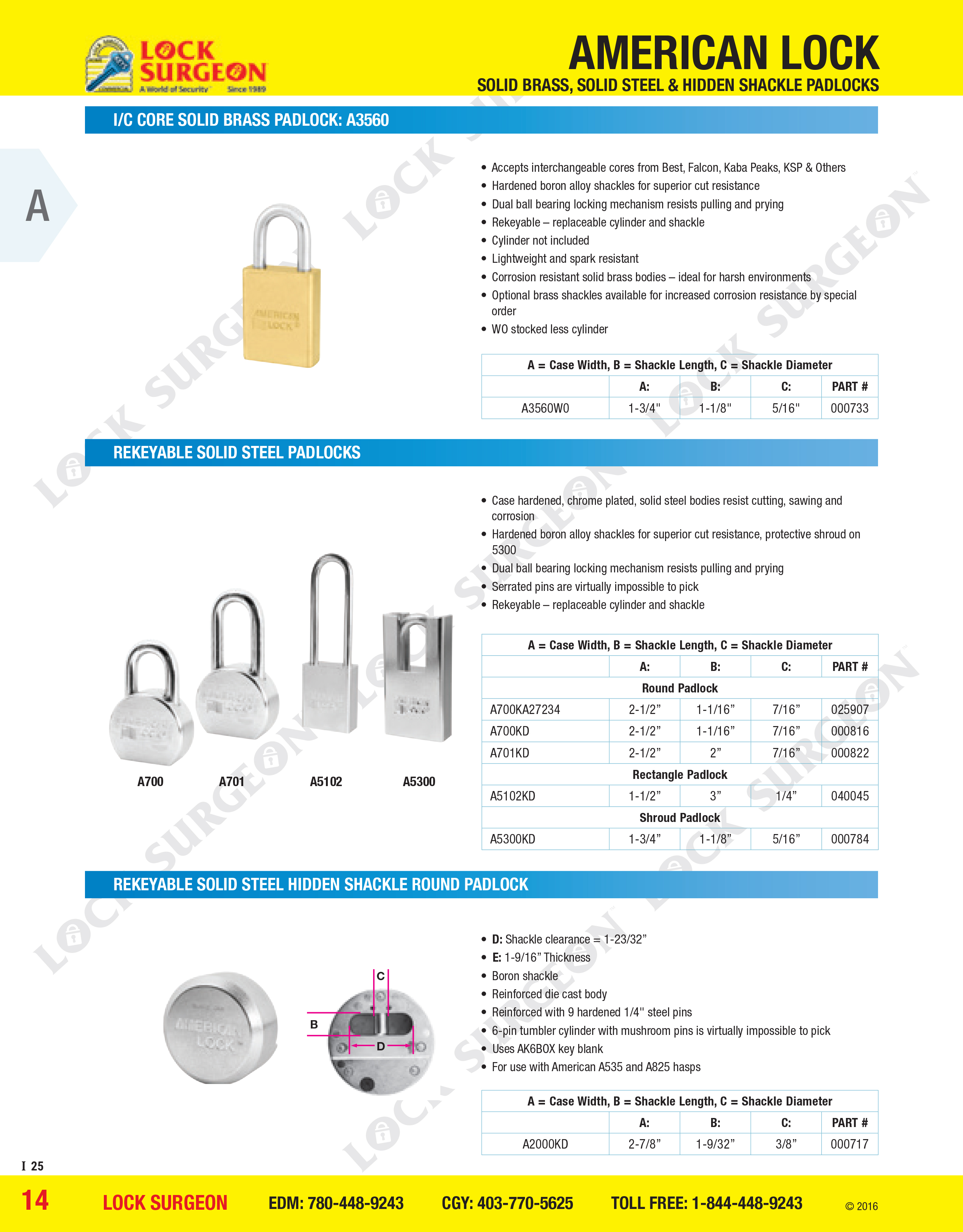 Stony Plain IC-Core solid brass padlock A3560, Rekeyable solid steel and hidden shackle round padlock